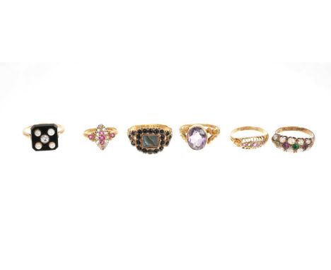 Six antique and gem-set rings, to include an Art Deco style diamond pearl and black onyx ring, Victorian 18ct gold pearl and 
