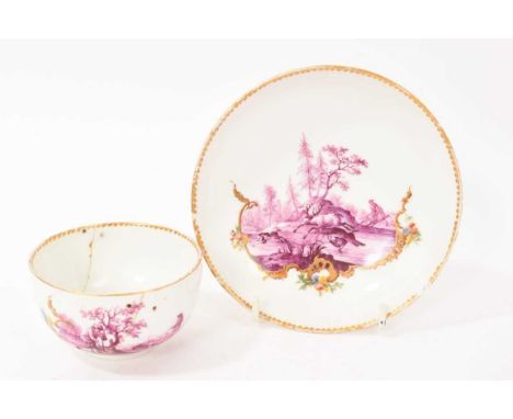 18th century Meissen dot period cup and saucer, finely painted in puce with hunting scenes, within polychrome enamelled and g