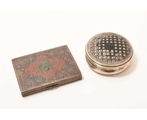 Tortoiseshell and white metal snuff box of circular form with enamelled decoration (unmarked) and an Indian white metal and e