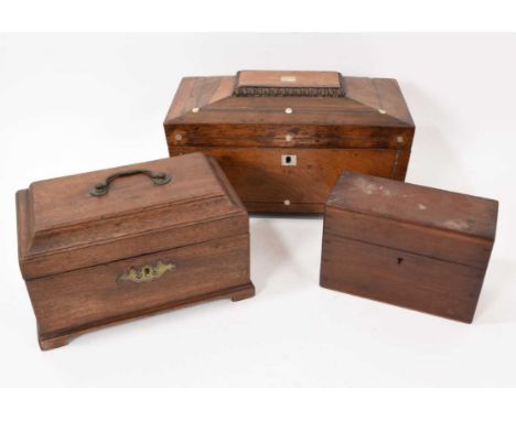 George III mahogany tea caddy, 23cm wide, together with a Regency mahogany tea caddy and a 19th century mahogany travelling m