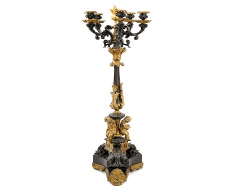 Good large 19th century French bronze and ormolu candlelabra, with five scrolling branches issued from flared column, applied