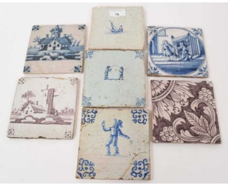 Group of 18th century Dutch delftware tiles, decorated in blue and manganese (7)
