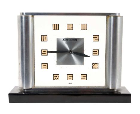 1940s Jaeger-LeCoultre Art Deco 'Mystery' clock with Perspex dial with stencilled numerals, concealed movement flanked by col