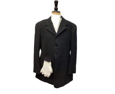 Mid 20th century Moss Bros. gentlemans black hunting coat, together with a pair of breeches, hunting shirt, gloves and three 