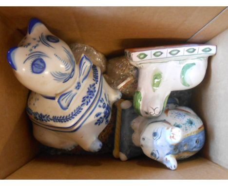 Five Portuguese ceramic cat ornaments and pots
