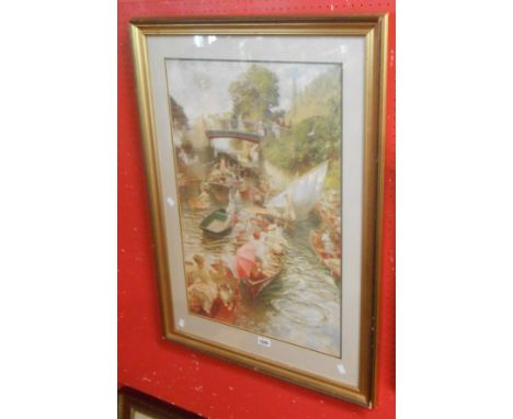 A gilt framed large format coloured print, depicting a large gathering of people rowing on a river