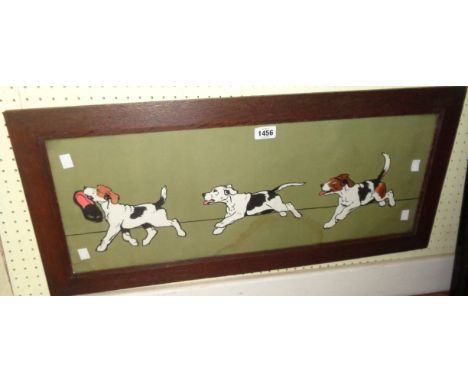 Cecil Aldin: an oak framed early 20th Century coloured panoramic format print, depicting three dogs - water stain mark - 25cm