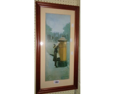 A stained wood framed coloured print, depicting a girl posting a letter