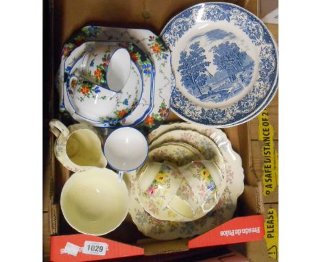 A box containing a quantity of assorted ceramic items, including Crown Staffordshire and other part tea sets, etc.
