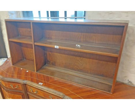 A 1.19m retro polished oak and mixed wood open display shelf unit