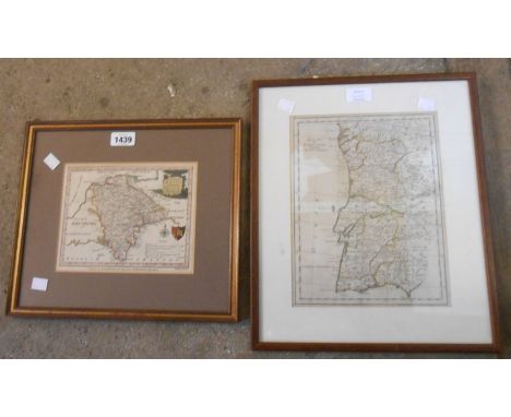 A framed George Walpole antique hand coloured map print of Devonshire - sold with another of Portugal