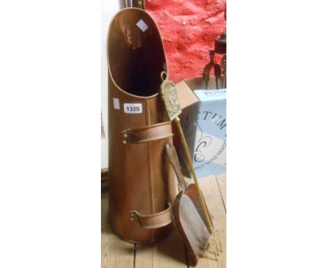 A copper coal hod scuttle - sold with a copper coal shovel and a brass toasting fork with Cries of London finial