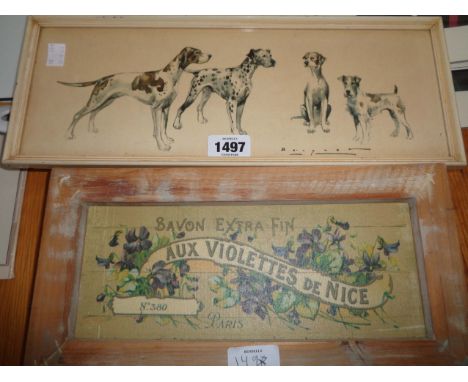 A framed vintage working dog group print - sold with a 'Violettes' kitchen picture