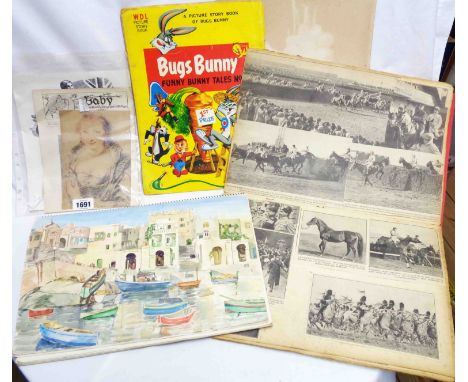 A watercolour sketch book containing an image of Malta, portrait and dog studies, etc. - sold with a scrap book, signed Idris