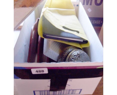 A box containing a quantity of assorted collectable items including hotel front desk letter rack, visitors book, modern cast 