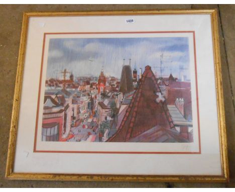 Celestino Piatti: a gilt framed signed limited edition coloured print, depicting urban rooftops - label verso