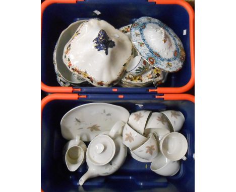 A crate containing a quantity of Coronaware and other teawares plus a crate containing a Royal Doulton Tumbling Leaves tea se