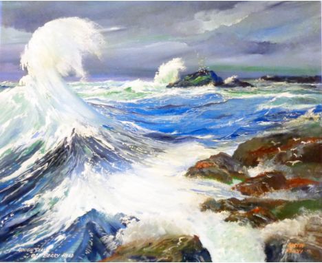 Austin Henry: a framed oil on board entitled 'Rough Seas off Berry Head' - signed