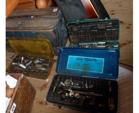 An old metal concertina-style toolbox containing a quantity of tools - sold with three metal cased socket sets