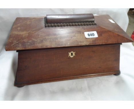 A Victorian mahogany tea caddy of sarcophagus form with fitted interior and removable lift-top canisters - mixing bowl missin