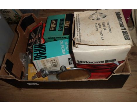 A box containing a quantity of autojumble including Wipac reversing lamp, chrome plated wing mirror, etc.