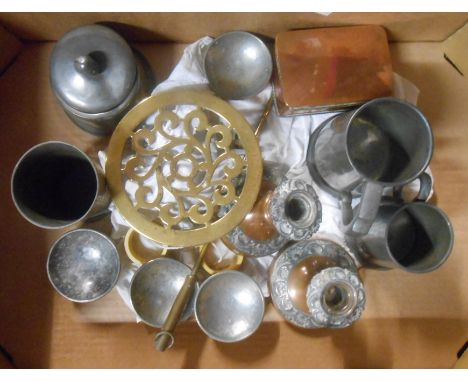A box containing a quantity of assorted pewter and other metal items including mugs, tobacco box with head finial, etc.