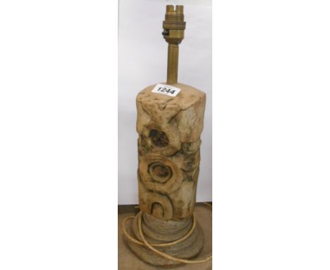 An unmarked Bernard Rooke studio pottery table lamp of slab built and moulded form with applied abstract and geometric motifs