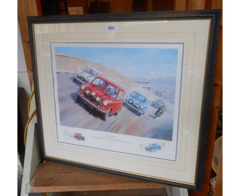 Tony Smith: a framed coloured Mini racing car print entitled 'The Italian Job II, The Chase' - signed and Numbered 149/850