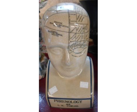 A modern ceramic phrenology head with crackle glazed finish