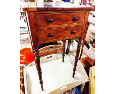 A 44.5cm Victorian mahogany side table with two frieze drawers, set on ring turned legs - top a/f