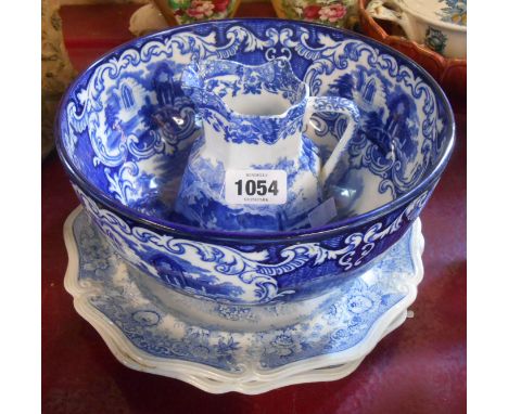 Four pieces of blue and white transfer printed pottery comprising Spode Italian vase, George Jones abbey ware fruit bowl and 