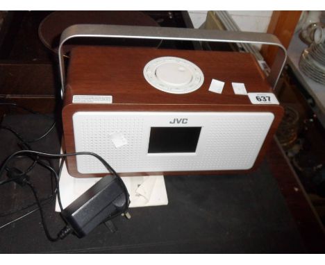 A JVC wooden DAB stereo radio, model RA DS77, with original instruction manual