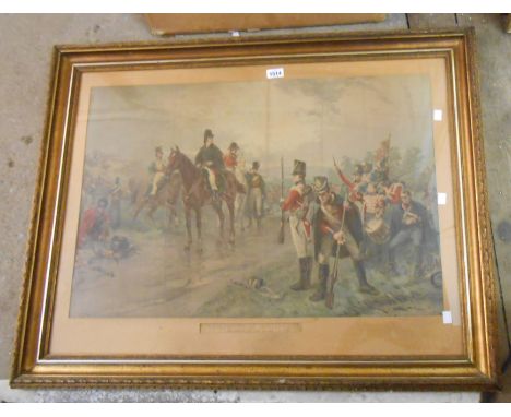 An antique framed large format coloured print entitled 'Wellington at Waterloo'