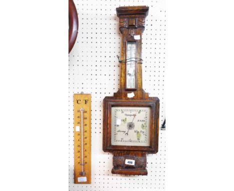 A vintage oak cased barometer/thermometer a/f - sold with a modern wall hanging thermometer
