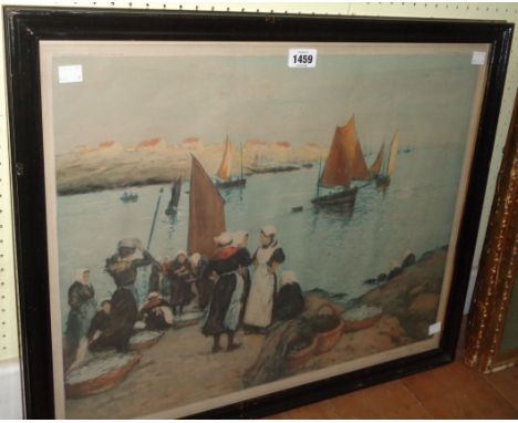 Manuel Robbe: a framed coloured print, depicting fisherwomen on a quayside - signed in pencil to the margin - 47cm X 61cm
