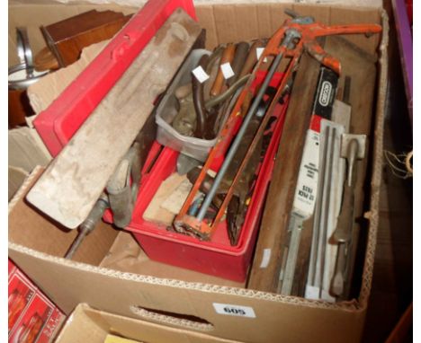 A box containing a quantity of assorted tools including saws, screwdrivers, sheep shearer, etc.