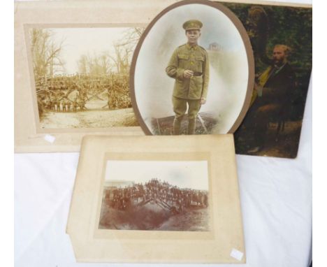 Two unframed mounted early First World War period monochrome photographs depicting the 2nd RBRE Engineers posed on wooden bri