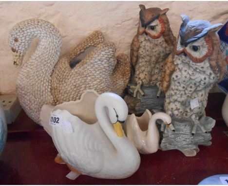 A SylvaC swan planter - sold with a smaller similar pair of porcelain owl figurines and a shell decorated swan planter