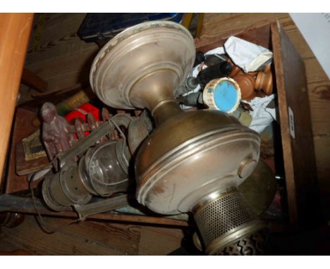 A wooden box containing a large quantity of assorted items including cast iron and enamel knight form fire grate, wooden hand