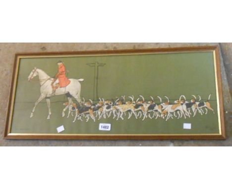 Cecil Aldin: a panoramic format coloured print entitled 'The Huntsman', with pack of hounds