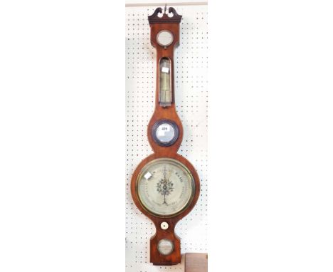 A 19th Century mahogany cased banjo barometer/thermometer with storm dial to top, small mirror and spirit level to base marke