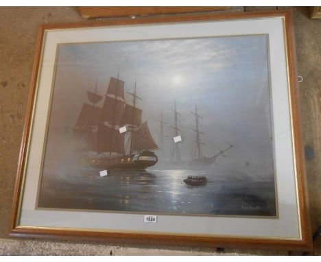 Roger Desoutter: a framed large format coloured print, depicting a moonlit maritime scene