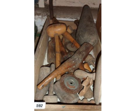 A wooden drawer containing a quantity of old wooden lead working tools and other old tools
