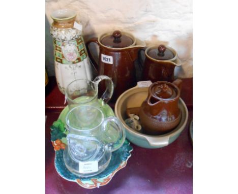 A quantity of assorted ceramic and glass items including Dartington commemorative tankards, Denby stoneware coffee pots, deco