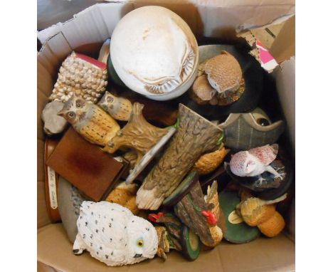A box containing a large quantity of ceramic resin and other owl figurines