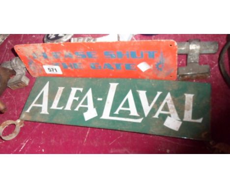 An old small enamel Alfa-Laval sign - sold with a printed tin "Please shut the gate" sign