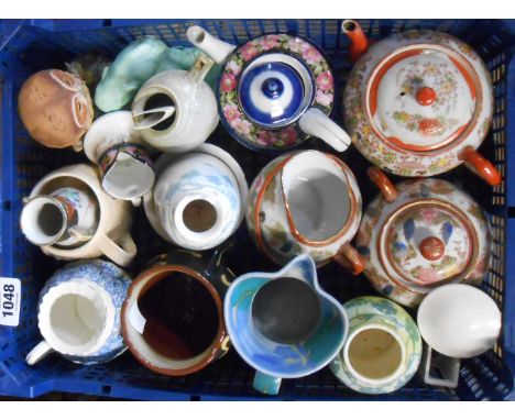 A crate containing a quantity of assorted ceramic items including two pieces of Ruskin (a/f), Dart pottery, etc.