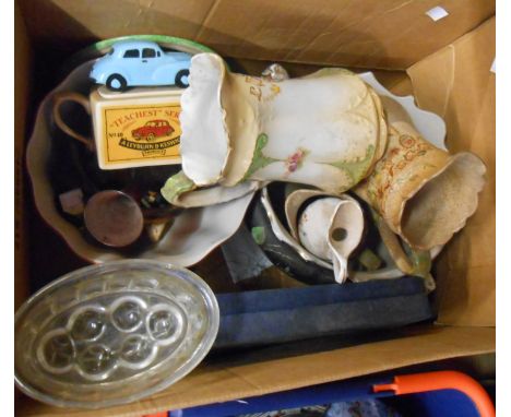 A box containing a quantity of ceramic items including novelty Morris Minor teapot, Babbacombe pottery plate, etc.