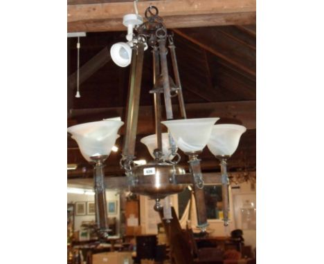 A 1930's style Christopher Hyde five branch electric hanging ceiling lamp with bronzed finish and later glass shades