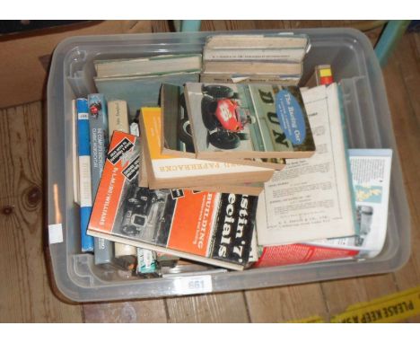 A crate containing a quantity of motor related books including the Checkered Flag by Douglas Rutherford, Austin 7 Specials by